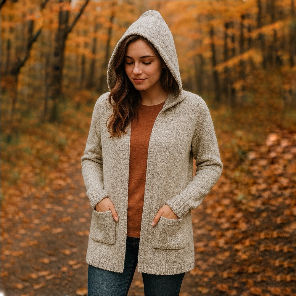 Oceanus Oatmeal Textured Hooded Open Front Cardigan Sweater Size Small